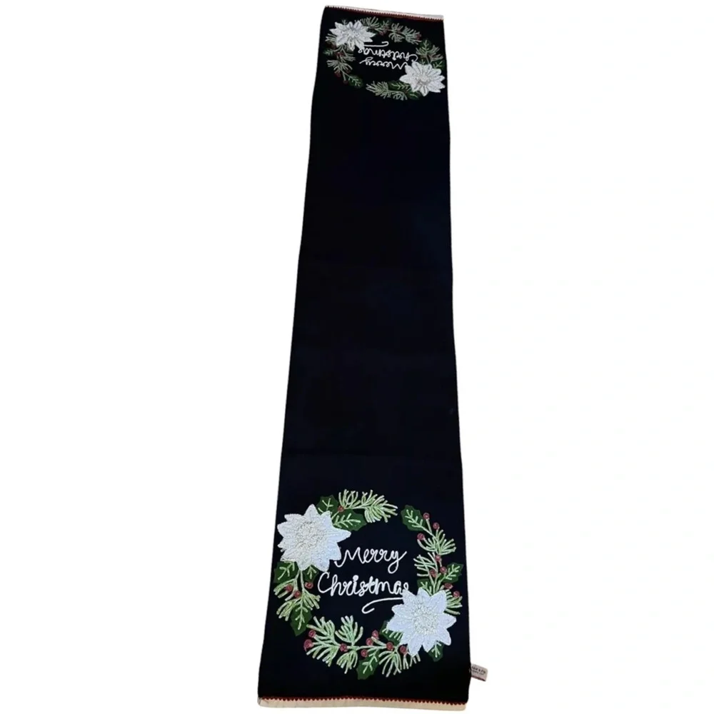 BALSAM & FIR TRADING CO Table Runner Christmas Black White Poinsettias 14x72